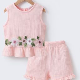 Mark & Mia Cotton Knit Sleeveless Top & Shorts Set with Floral Embroidery - Beige-image-47