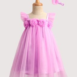 Enfance Sleeveless Floral Applique Detailed Flared Knee Length Dress With Headband - Lavender-picture-39