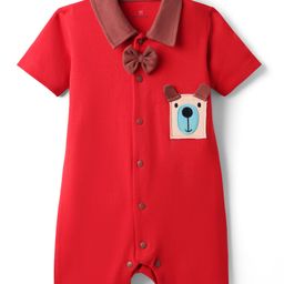 Mark & Mia Cotton Knit Half Sleeves Front Open Romper with Bow Applique & Patch Detailing - Red-image-84