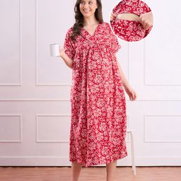 Bella Mama Cotton Woven Half Sleeves Maternity Nighty with Floral Print - Red-picture-28