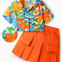 OLLINGTON ST. Rayon Woven Half Sleeves Top & Skirt Set with Floral Print - Multicolor & Orange-picture-48