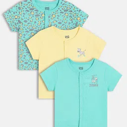 MINI KLUB Cotton Knit Pack Of 3 Half Sleeves Animal & Typography Printed Jhablas - Blue & Yellow-picture-10