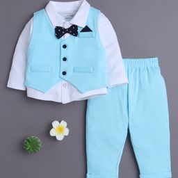 BUMZEE Cotton Knit Full Sleeves Solid Three Piece Party Suit Set with Attached Bow - Aqua Blue & White-picture-8