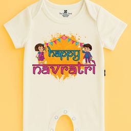 The Peppy Tend 100% Cotton Knit Navratri Theme Half Sleeves Happy Navratri Text Printed Romper - White-picture-17