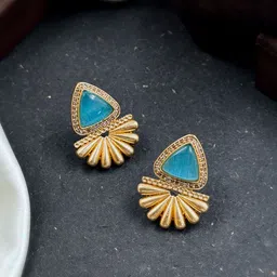 NAMAN ARTS Gold Plated Artificial Stones Studded Triangular Shaped Drop Earrings-14