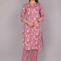 Mehsoos Floral Printed Mandarin Collar Pure Cotton Kurta with Trousers-picture-58