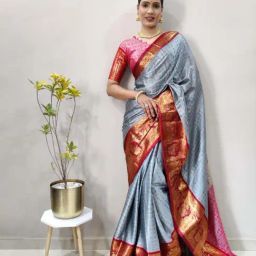 APNISHA Grey & Pink Silk Woven Saree With Unstitched Blouse-image-84