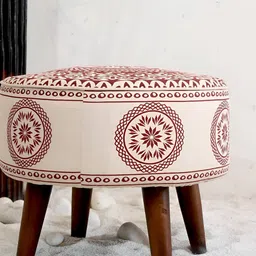 Decoghar Maroon & Beige Printed Wooden Ottoman-6
