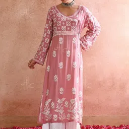 House of Chikankari Pink Embroidered Angrakha Kurta image 3