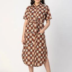 Moomaya Grey & Rust Cotton Checks Shirt Dress-picture-0