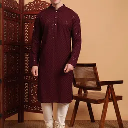 House of Pataudi Killer1 Chikankari Embroidered Mandarin Collar Kurta-image-52