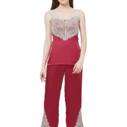 Soie Red Lace Top With Pyjama Set-picture-13