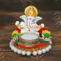 eCraftIndia Lord Ganesha Idol on Decorative Plate with Tea Light Holder-image-63