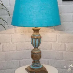 Homesake 'Rustic Distress' Turquoise & Brown Wood Trophy Carved Table Lamp with Shade - Set of 1-46