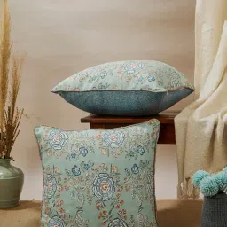 Fabindia Home Mihira Block Print Teal Cotton Cushion Cover-image-9