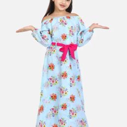 LilPicks Kids Blue & Pink Cotton Floral Print Full Sleeves Dress-picture-7