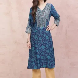 Rangriti Blue Printed Straight Kurta-12