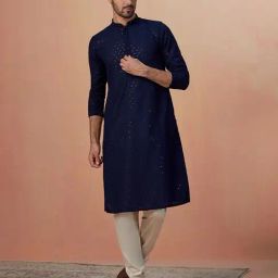 Manyavar Blue & Beige Regular Fit Embroidered Kurta & Pyjama Set-picture-23