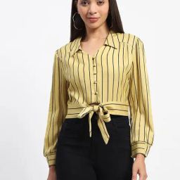 MADAME Yellow Striped Crop Shirt-image-72