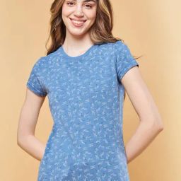 Enamor Elemental Blue Cotton Floral Print Lounge T-Shirt-image-17