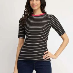 Fablestreet Black Striped Crew Neck T-Shirt-picture-41