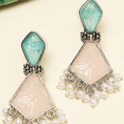 Oomph Jewellery Pink & Mint Green Ethnic Engraved Jaipur Stones Dangler Earrings-image-4