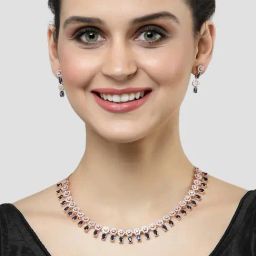 Karatcart Rose Gold-Plated Floral Design Blue Cubic Zirconia Studded Necklace Set-image-53