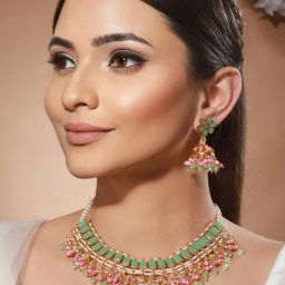 Priyaasi Studded Green & Pink Floral Block Beaded Gold-Plated Necklace Set-image-10