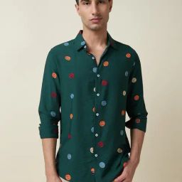 Thomas Scott Green Slim Fit Embroidered Shirt-image-65