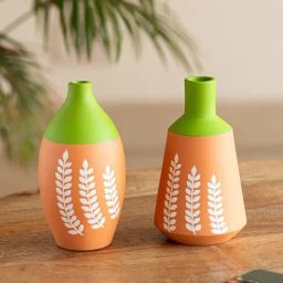 ExclusiveLane Floral Harmony Printed Green & Brown Terracotta Decorative Vases - Set of 2-7