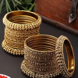 Zeneme Gold Plated CZ Stone Studded Broad Bangles for Women Set of 28-image-26