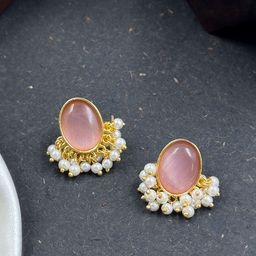 NAMAN ARTS Gold Plated Stones Studded & Beaded Oval Shaped Oxidised Drop Earrings-image-6