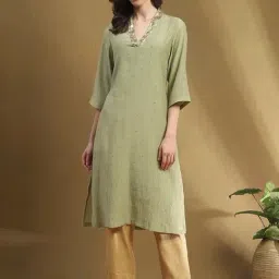 Biba Green Embellished Straight Kurta-image-16