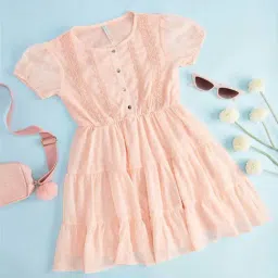 Pantaloons Junior Kids Peach Cotton Embroidered Dress-picture-37
