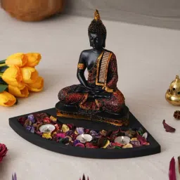 eCraftIndia Red & Golden Polyresin Meditating Buddha Showpiece & Fragnanced Petals and Tealight-image-6