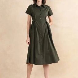 RAREISM Olive Cotton Blend Solid Short Sleeves Dress-image-60