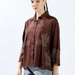 High Star Brown Cotton Oversized Embroidered Shirt-image-20