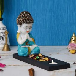 eCraftIndia Blue with Black Polyresin Praying Monk Showpiece with Fragnanced Petals and Tealight-6