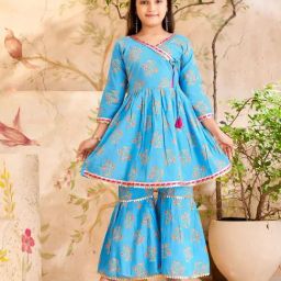 Aarika Kids Turquoise Cotton Printed Kurti & Sharara-image-58