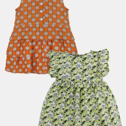 Kiddopanti Orange or Light Green & Yellow Cotton Casual Dresses for Girls-image-72