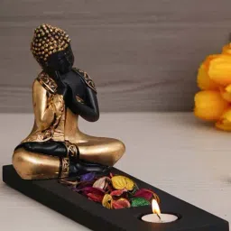 eCraftIndia Black & Golden Polyresin Thinking Buddha Showpiece & Fragnanced Petals and Tealight-image-56