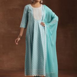 Libas Floral Printed Panelled Thread Work Pure Cotton Kurta with Churidar & Dupatta-picture-11