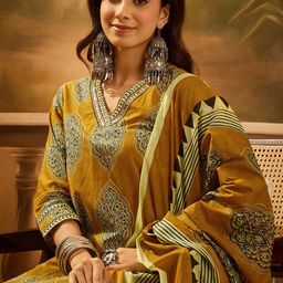 Sangria Ethnic Motif Printed V-Neck Pure Cotton Straight Kurta With Trouser & Dupatta-picture-8