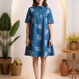 ZUMMER Women Cotton Tropical Embroidered A-Line Shirt Collar Dress-picture-28