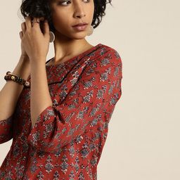 Taavi Women Red & Navy Blue Bagru Hand Block Print Regular Sustainable Pure Cotton Top With Full Button Placket-12