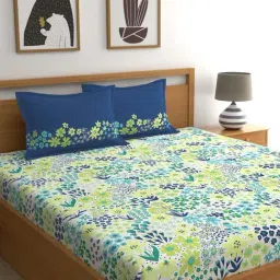 Home Ecstasy 140TC 100% Cotton Floral Blue Queen Bedsheet with 2 Pillow Cover-picture-24