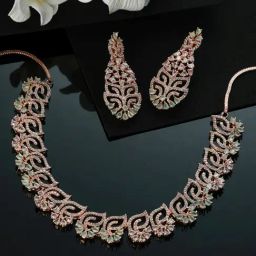 Aatmana Rose Gold-Plated Mint Green & White AD-Studded Handcrafted Necklace Set-22