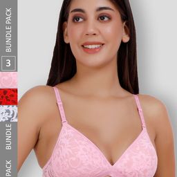 SELFCARE Pack Of 3 Net Embroided Half Coverage Plunge Bra With Adjustable Straps-56