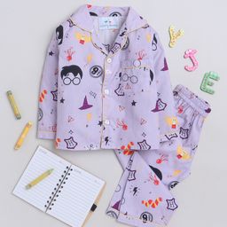 Knitting Doodles Premium Cotton Full Sleeves Potter Themed Printed Coordinating Night Suit - Purple-image-91