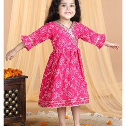 Kinder Kids Three Fourth Bell Sleeves Bandhej Designed & Sequin Lace Embellished Angrakha Style Fit & Flare Dress - Pink-image-10